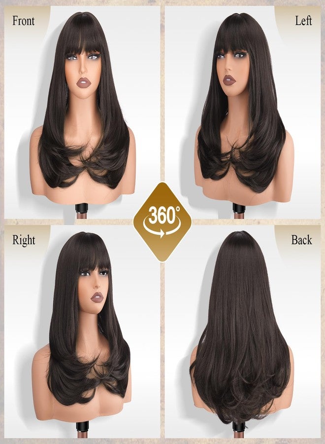 FESHFEN Long Wigs with Bangs, Synthetic Natural Looking Layered Straight Hair Wig for Women Daily Party Use 18 inch, Brown - Image 2